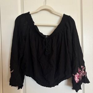 Xhilaration Black Blouse with Pink Floral Accents